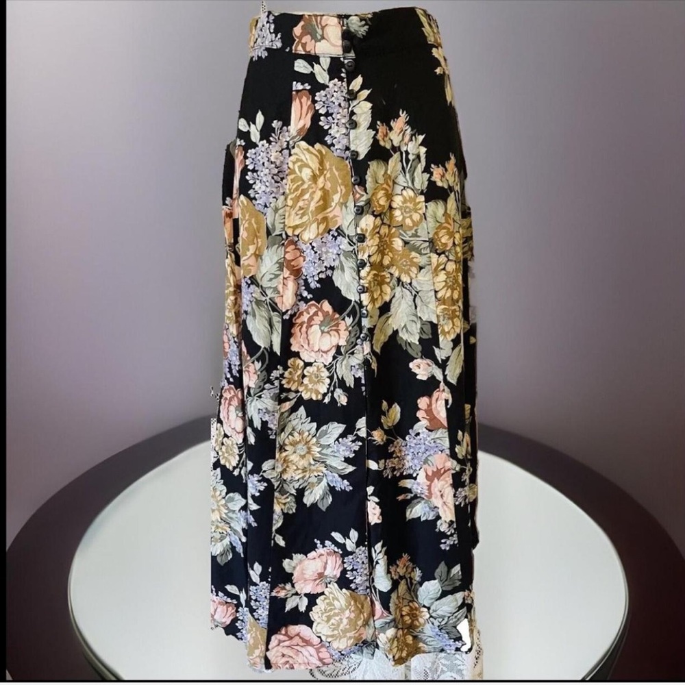 Black floral long button front  skirt petite